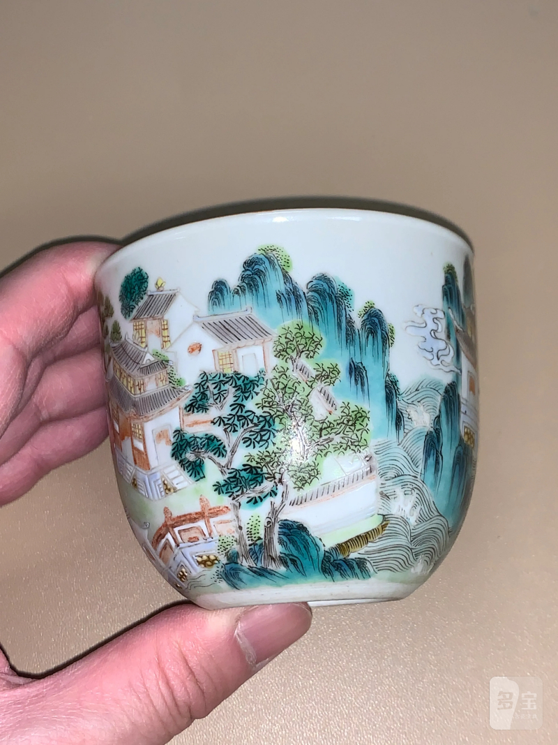 清道光 粉彩蓬莱仙阁图卧足杯 - 图6
